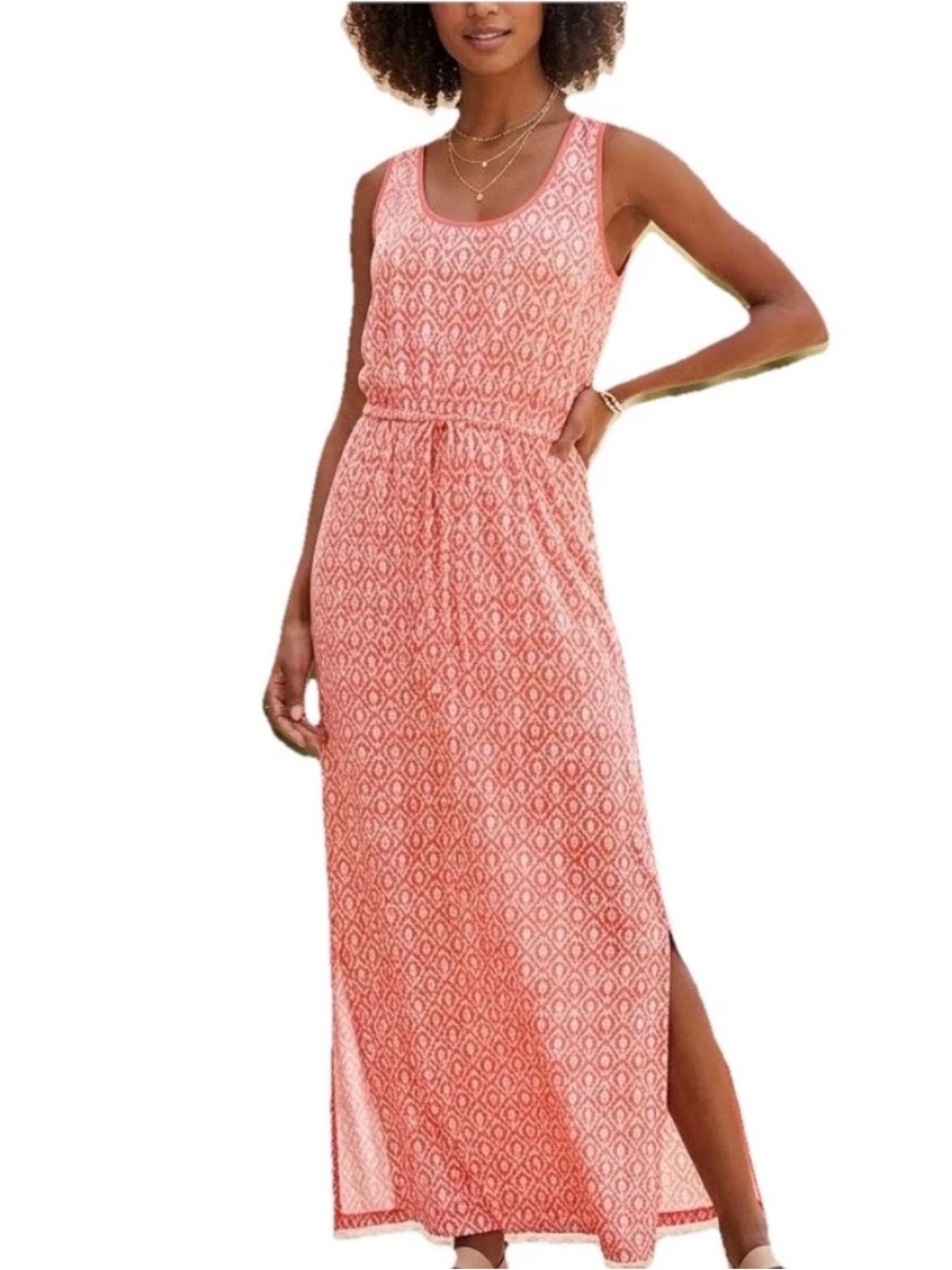 Michael Kors Sleeveless Coral Printed Maxi Dress with Tie Waist side slits L